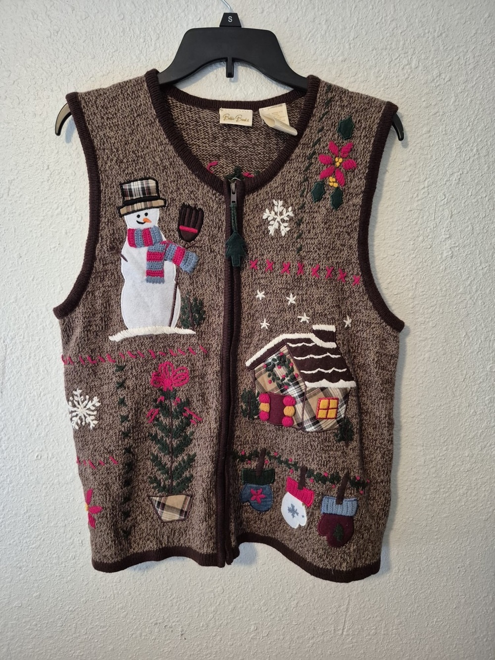 Vintage Bobbie Brooks Holiday Sweater Vest Womens M Ramie Cotton Snowman Winter